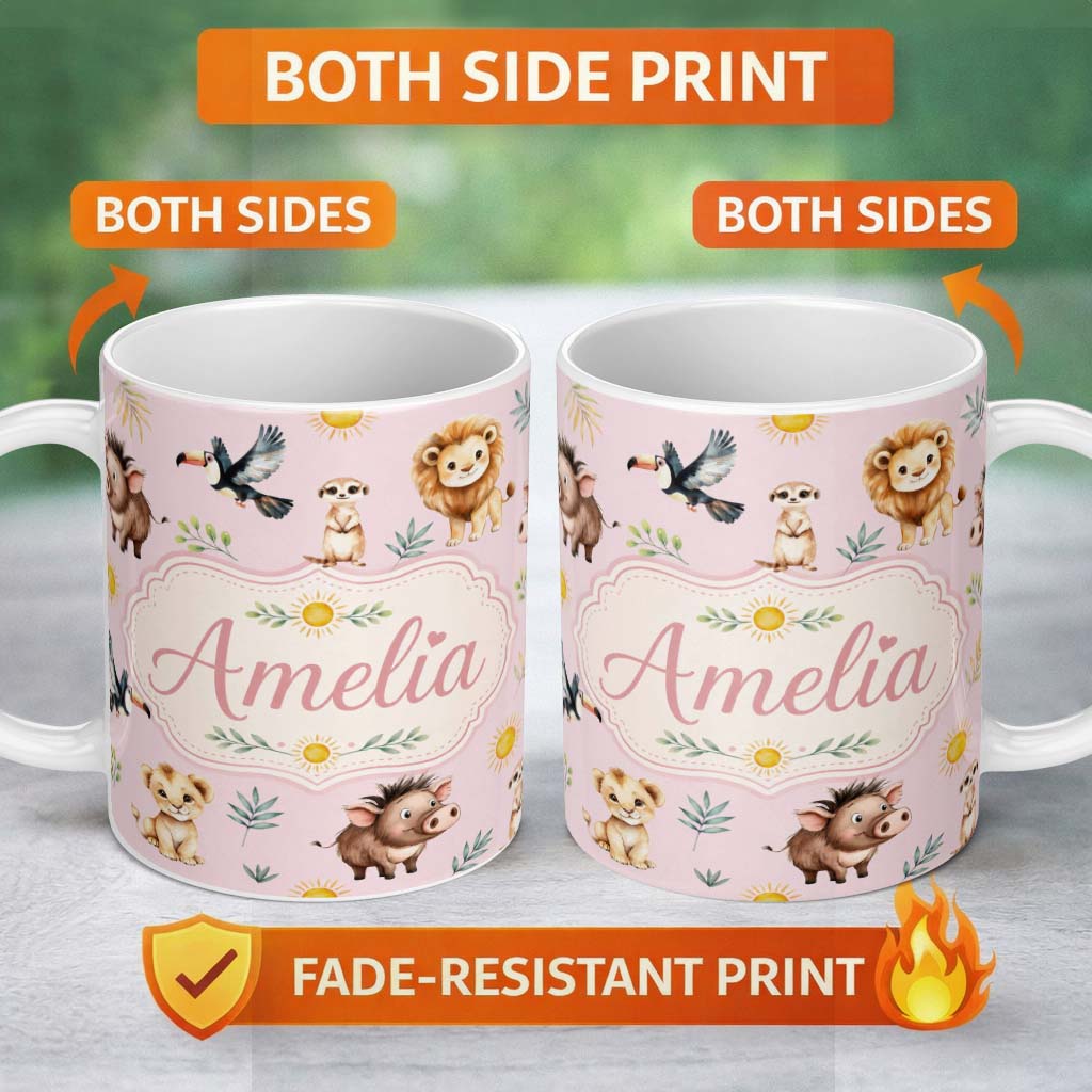 Personalized Custom Name Cute Safari Animals Lion Meerkat Toucan and Warthog with Sun 11oz Ceramic Coffee Tea Mug White Large Handle