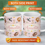 Personalized Custom Name Cute Safari Animals Lion Meerkat Toucan and Warthog with Sun 11oz Ceramic Coffee Tea Mug White Large Handle