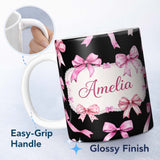 Personalized Custom Name Watercolor Pink Ribbon Bow Seamless Pattern on Light Grey Background 11oz Ceramic Coffee Tea Mug White Large Handle