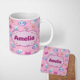 Personalized Custom Name Kawaii Jellyfish Puffer Fish Starfish Pastel Ocean Creatures Rose 11oz Ceramic Coffee Tea Mug White Large Handle