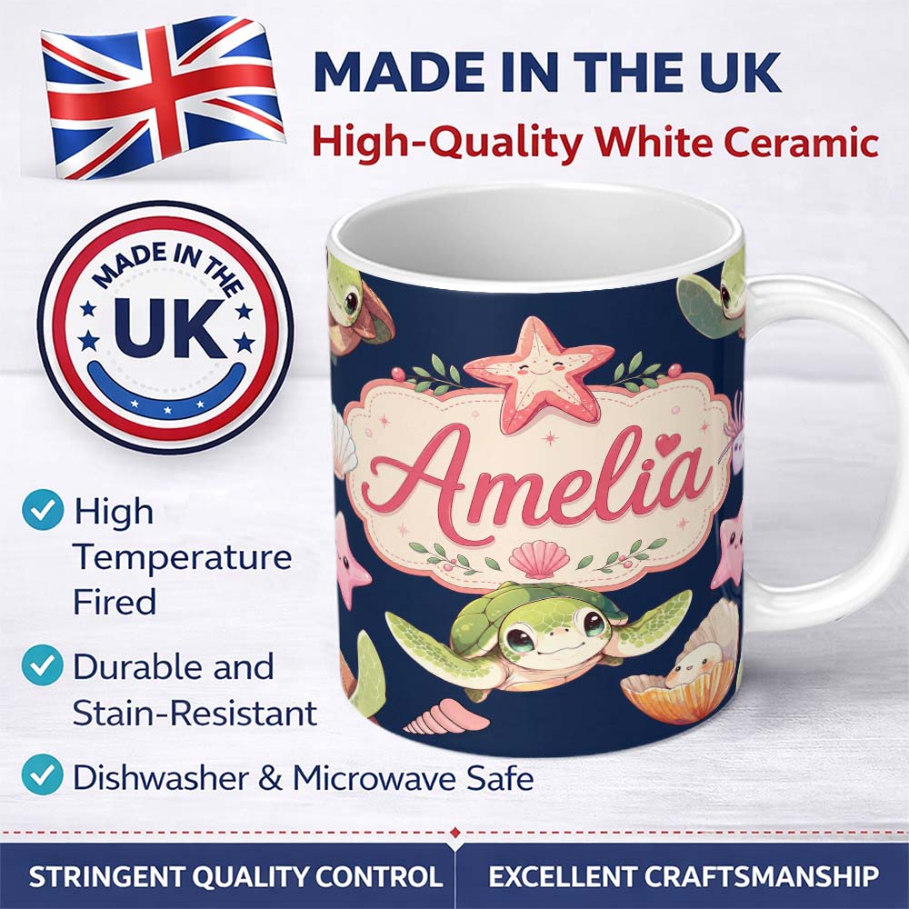 Personalized Custom Name Cute Sea Turtle Starfish Shell Kawaii Ocean Seamless Pattern Navy 11oz Ceramic Coffee Tea Mug White Large Handle