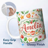 Personalized Custom Name Festive Christmas Holly Star Ornament Heart Seamless Pattern Lovely 11oz Ceramic Coffee Tea Mug White Large Handle