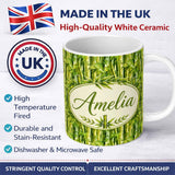 Personalized Custom Name Vibrant Green Bamboo Leaves Dense Jungle Style Seamless Pattern 11oz Ceramic Coffee Tea Mug White Large Handle