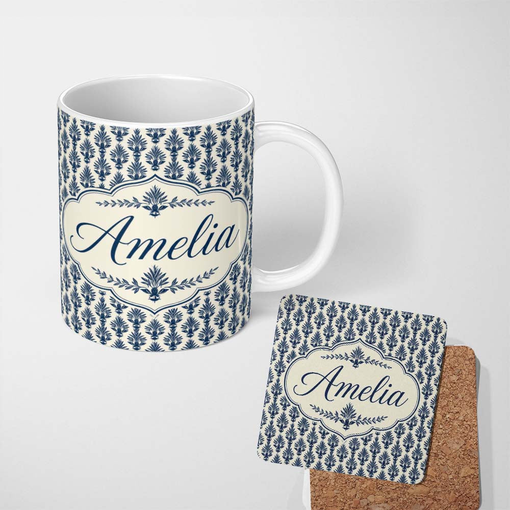 Personalized Custom Name Navy Blue Pineapple Folk Art Style Seamless Pattern Cute Unique Gift 11oz Ceramic Coffee Tea Mug White Large Handle