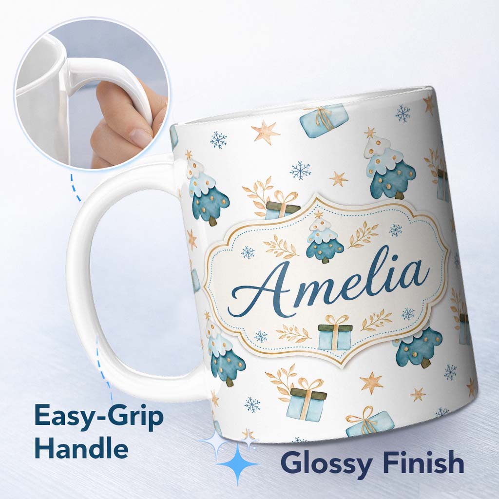 Personalized Custom Name Soft Blue Christmas Tree Gift Snowflake Cute Seamless Pattern Lovely 11oz Ceramic Coffee Tea Mug White Large Handle