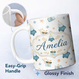 Personalized Custom Name Soft Blue Christmas Tree Gift Snowflake Cute Seamless Pattern Lovely 11oz Ceramic Coffee Tea Mug White Large Handle