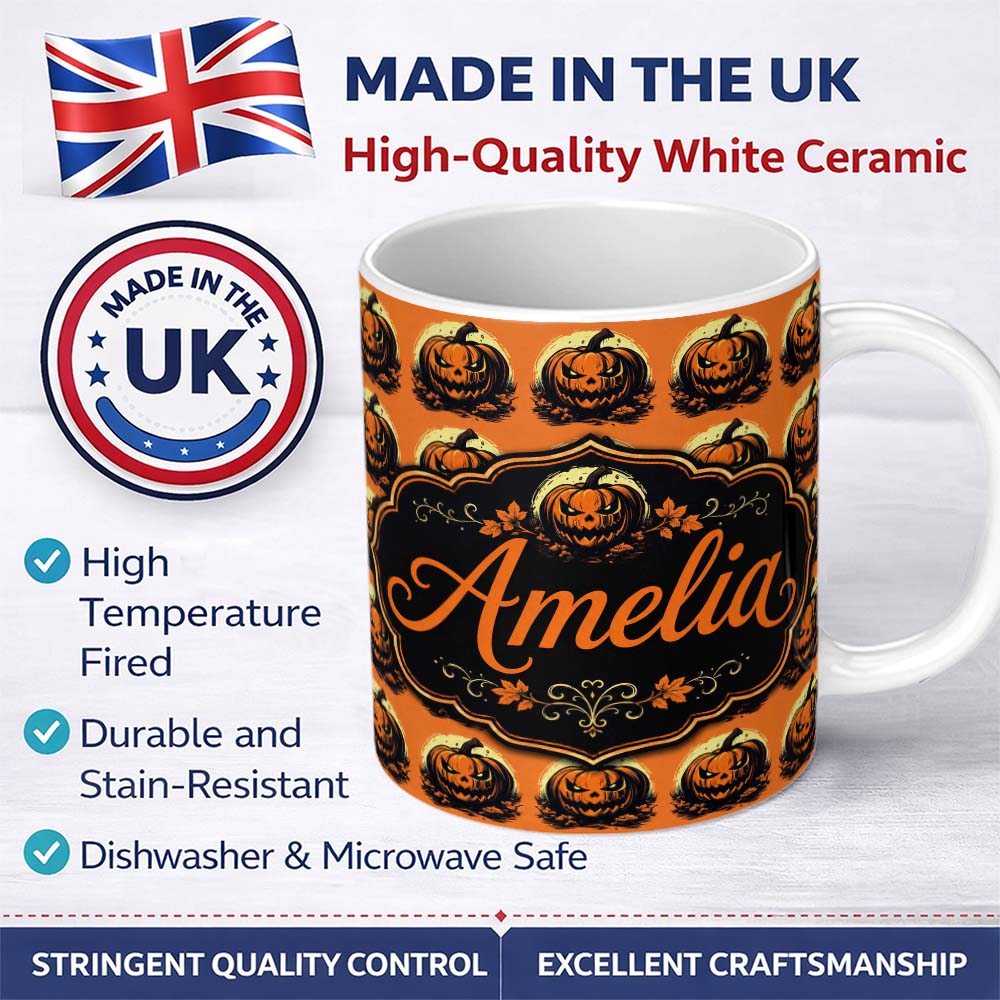 Personalized Custom Name Spooky Jack O Lantern Orange Background Classic Halloween Seamless 11oz Ceramic Coffee Tea Mug White Large Handle