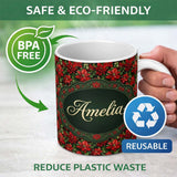 Personalized Custom Name Bold Festive Poinsettia with Deep Green Leaves Seamless Pattern 11oz Ceramic Coffee Tea Mug White Large Handle