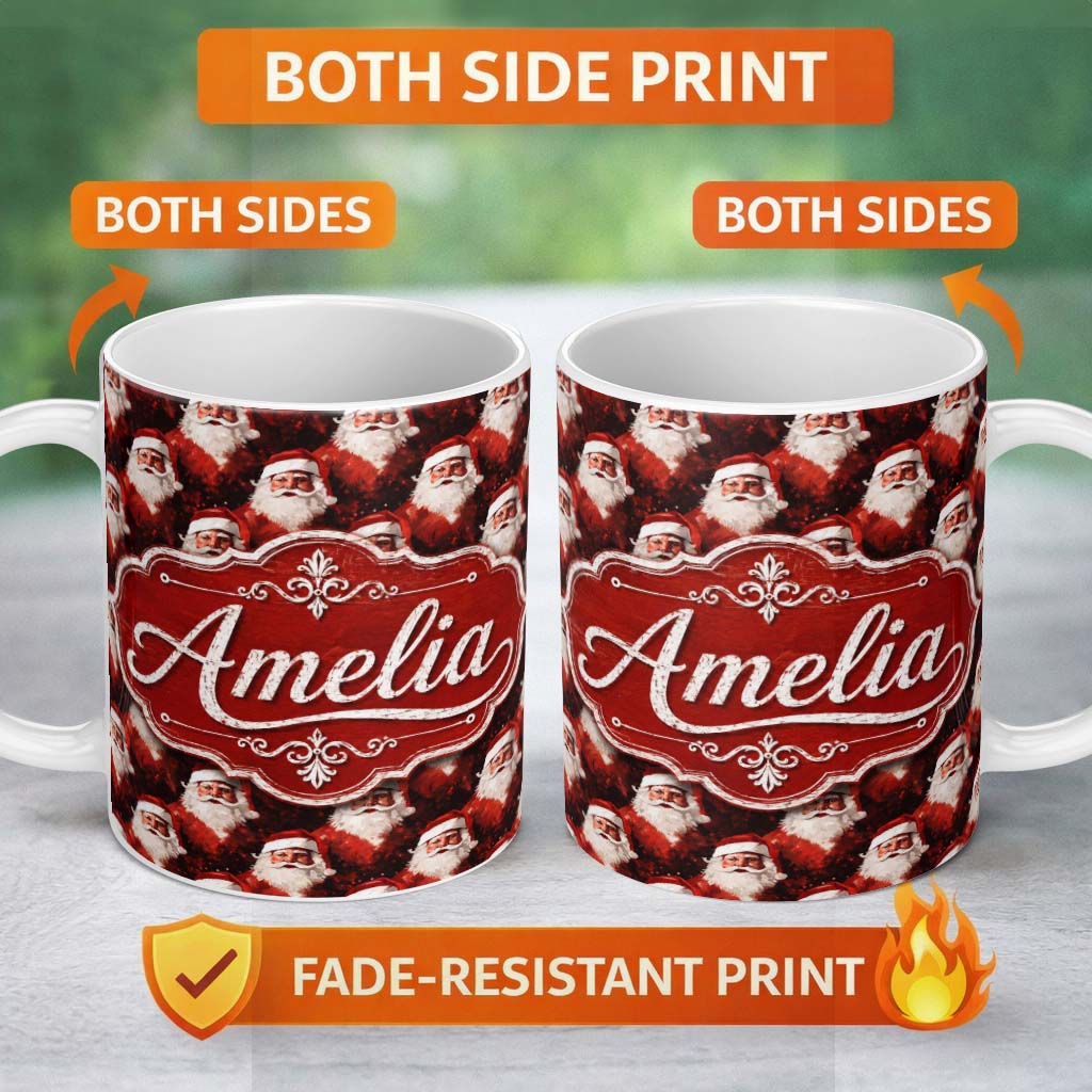 Personalized Custom Name Dramatic Santa Portrait Red Splatter Background Christmas Design 11oz Ceramic Coffee Tea Mug White Large Handle