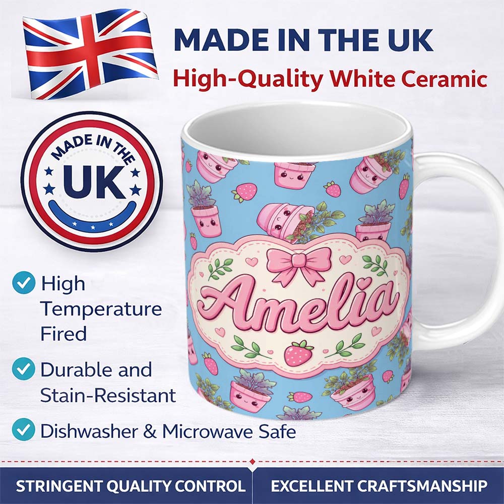 Personalized Custom Name Cute Pink Plant Pots Leaves Strawberry Seamless Pattern Blue Lovely 11oz Ceramic Coffee Tea Mug White Large Handle