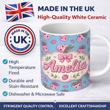 Personalized Custom Name Cute Pink Plant Pots Leaves Strawberry Seamless Pattern Blue Lovely 11oz Ceramic Coffee Tea Mug White Large Handle