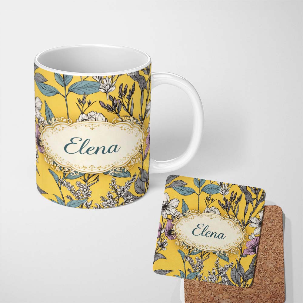 Personalized Custom Name Vintage Botanical Floral Illustration Yellow Background Lovely 11oz Ceramic Coffee Tea Mug White Large Handle