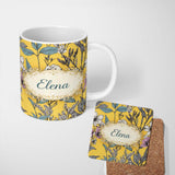 Personalized Custom Name Vintage Botanical Floral Illustration Yellow Background Lovely 11oz Ceramic Coffee Tea Mug White Large Handle