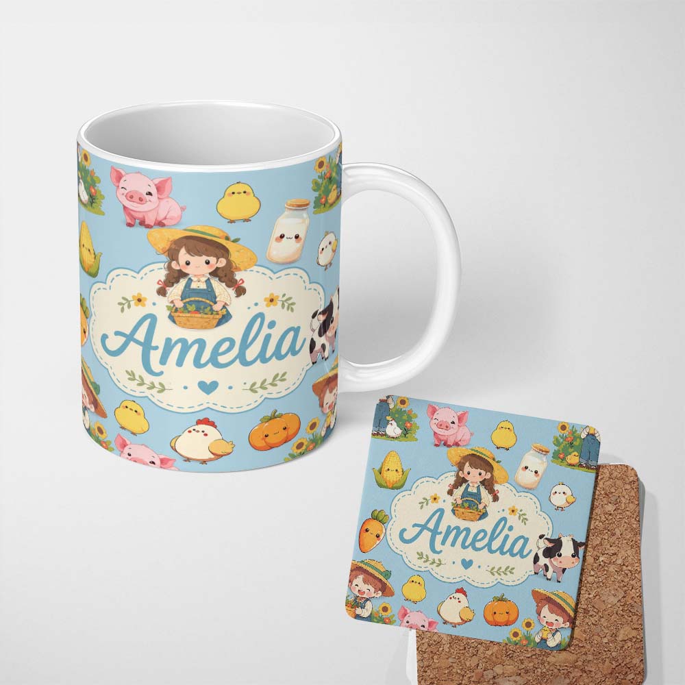 Personalized Custom Name Cute Farm Animals Girl Pig Cow Chicken Blue Background Seamless 11oz Ceramic Coffee Tea Mug White Large Handle