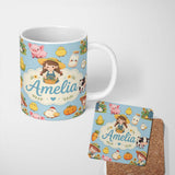 Personalized Custom Name Cute Farm Animals Girl Pig Cow Chicken Blue Background Seamless 11oz Ceramic Coffee Tea Mug White Large Handle