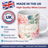 Personalized Custom Name Watercolor Pink Peony Floral Botanical Seamless Pattern Lovely 11oz Ceramic Coffee Tea Mug White Large Handle