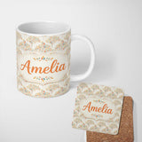 Personalized Custom Name Modern Colourful Leafy Trees Seamless Pattern on Light Background 11oz Ceramic Coffee Tea Mug White Large Handle