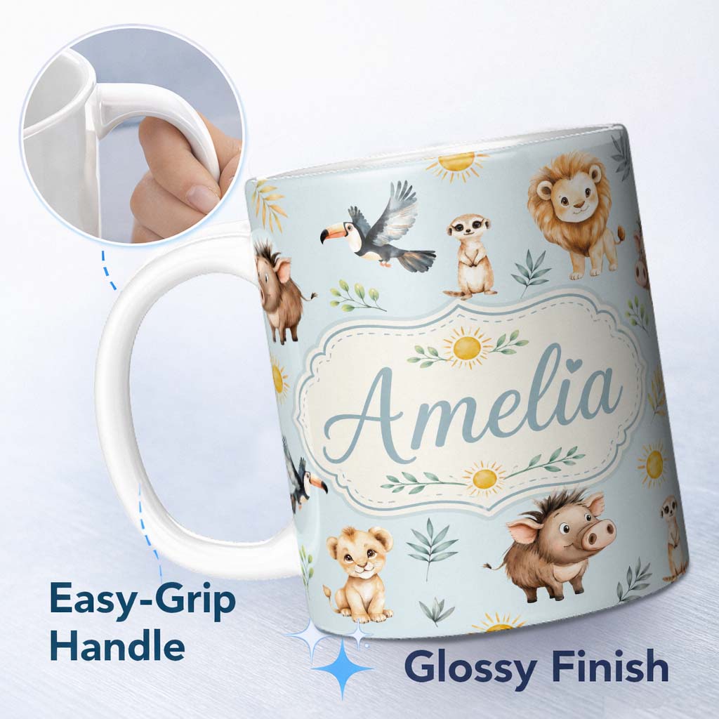Personalized Custom Name Cute Safari Animals Lion Meerkat Warthog with Sun and Leaves on Sage 11oz Ceramic Coffee Tea Mug White Large Handle