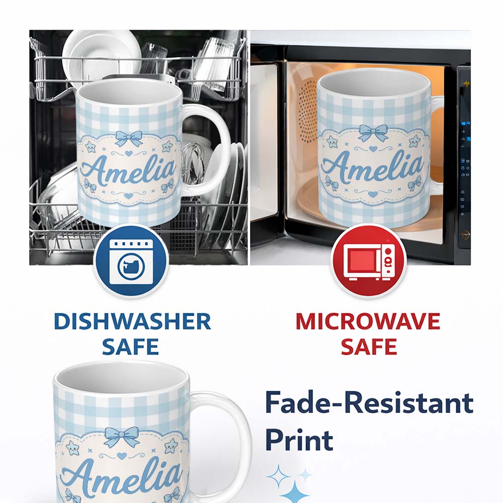 Personalized Custom Name Soft Blue And White Gingham Check Seamless Pattern Classic Lovely 11oz Ceramic Coffee Tea Mug White Large Handle