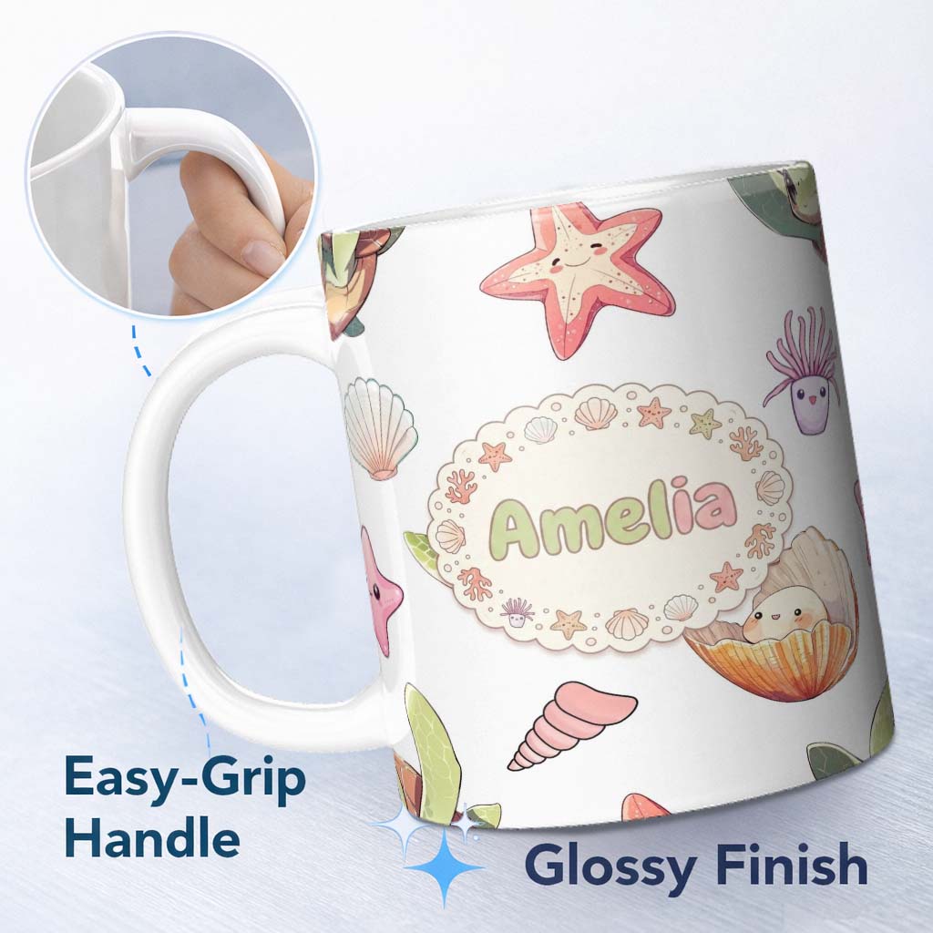 Personalized Custom Name Cute Sea Turtle Starfish Shell Kawaii Ocean Pattern Light Grey 11oz Ceramic Coffee Tea Mug White Large Handle