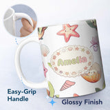 Personalized Custom Name Cute Sea Turtle Starfish Shell Kawaii Ocean Pattern Light Grey 11oz Ceramic Coffee Tea Mug White Large Handle