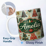 Personalized Custom Name Elegant Festive Christmas Trees Snowflakes Gold Red Holiday Seamless 11oz Ceramic Coffee Tea Mug White Large Handle