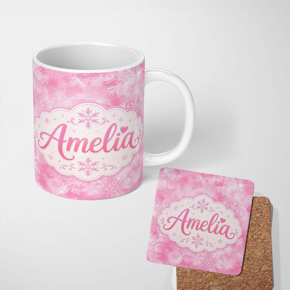Personalized Custom Name Soft Pink Winter Snowflakes Dreamy Glow Seamless Pattern Lovely 11oz Ceramic Coffee Tea Mug White Large Handle