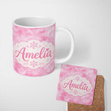 Personalized Custom Name Soft Pink Winter Snowflakes Dreamy Glow Seamless Pattern Lovely 11oz Ceramic Coffee Tea Mug White Large Handle