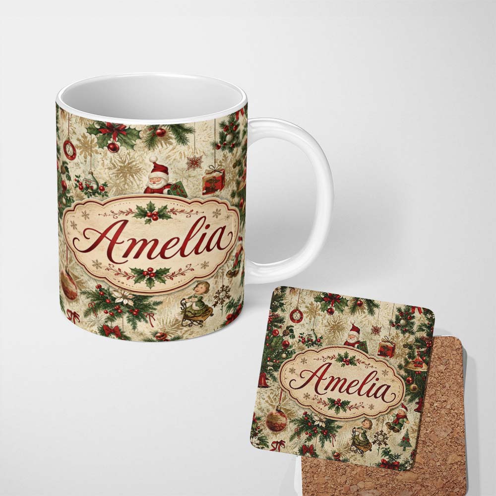 Personalized Custom Name Vintage Santa Gifts Holly Snowflakes Festive Christmas Holiday 11oz Ceramic Coffee Tea Mug White Large Handle