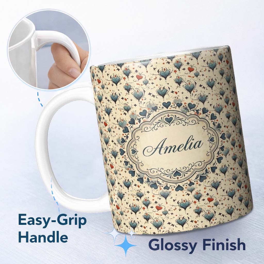 Personalized Custom Name Elegant Blue Hearts Floral Vine Pattern on Beige Background Seamless 11oz Ceramic Coffee Tea Mug White Large Handle