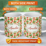 Personalized Custom Name Watercolour Green Check Plaid Brushstroke Seamless Pattern Lovely 11oz Ceramic Coffee Tea Mug White Large Handle