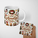 Personalized Custom Name Vintage Christmas Snowman Wreath Gingerbread Tree Seamless Pattern 11oz Ceramic Coffee Tea Mug White Large Handle