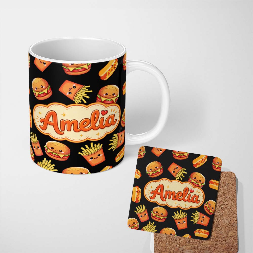 Personalized Custom Name Cute Kawaii Burger Fries Hotdog Fast Food Black Background Seamless 11oz Ceramic Coffee Tea Mug White Large Handle