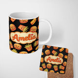 Personalized Custom Name Cute Kawaii Burger Fries Hotdog Fast Food Black Background Seamless 11oz Ceramic Coffee Tea Mug White Large Handle