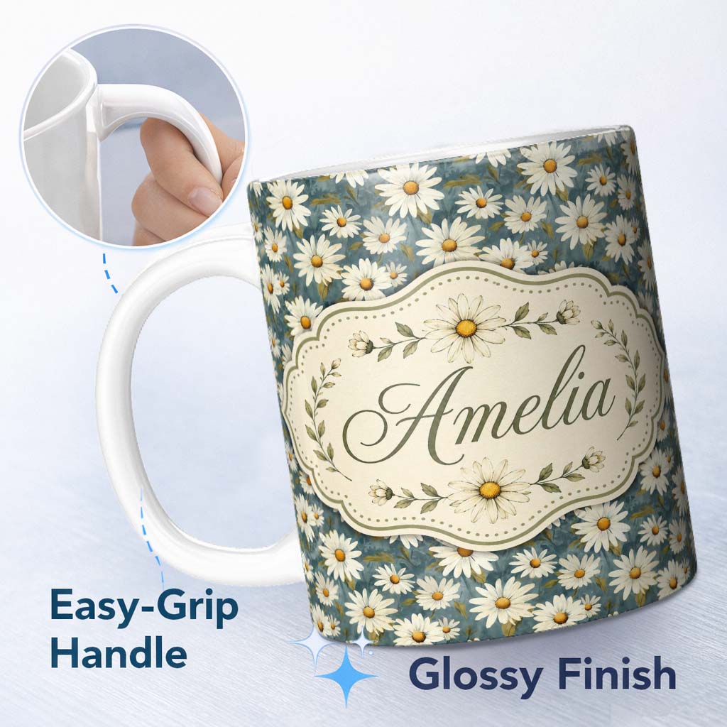 Personalized Custom Name Dark Teal Background White Daisy Floral Seamless Pattern Lovely 11oz Ceramic Coffee Tea Mug White Large Handle