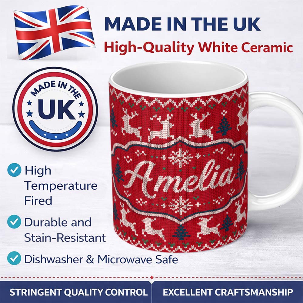 Personalized Custom Name Classic Red Knit Reindeer Snowflake Pattern Christmas Sweater Style 11oz Ceramic Coffee Tea Mug White Large Handle