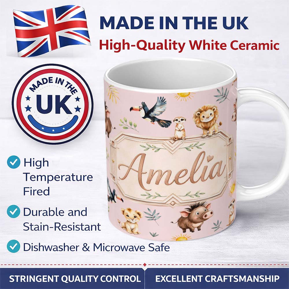 Personalized Custom Name Jungle Animals Lion Meerkat Toucan Boar on Dusty Pink Seamless 11oz Ceramic Coffee Tea Mug White Large Handle