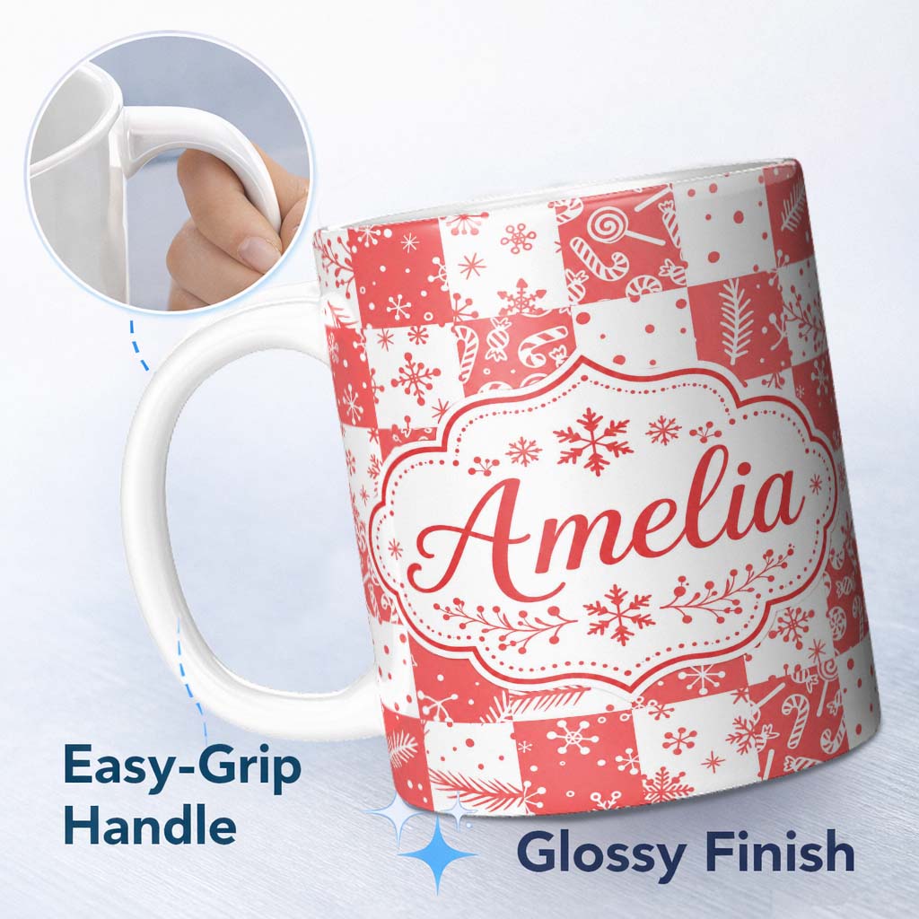 Personalized Custom Name Red White Patchwork Christmas Candy Snowflake Seamless Pattern 11oz Ceramic Coffee Tea Mug White Large Handle