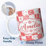 Personalized Custom Name Red White Patchwork Christmas Candy Snowflake Seamless Pattern 11oz Ceramic Coffee Tea Mug White Large Handle
