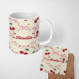 Personalized Custom Name Cute Cherry and Daisy Flowers with Pink Ribbon Bows Pattern Cream 11oz Ceramic Coffee Tea Mug White Large Handle