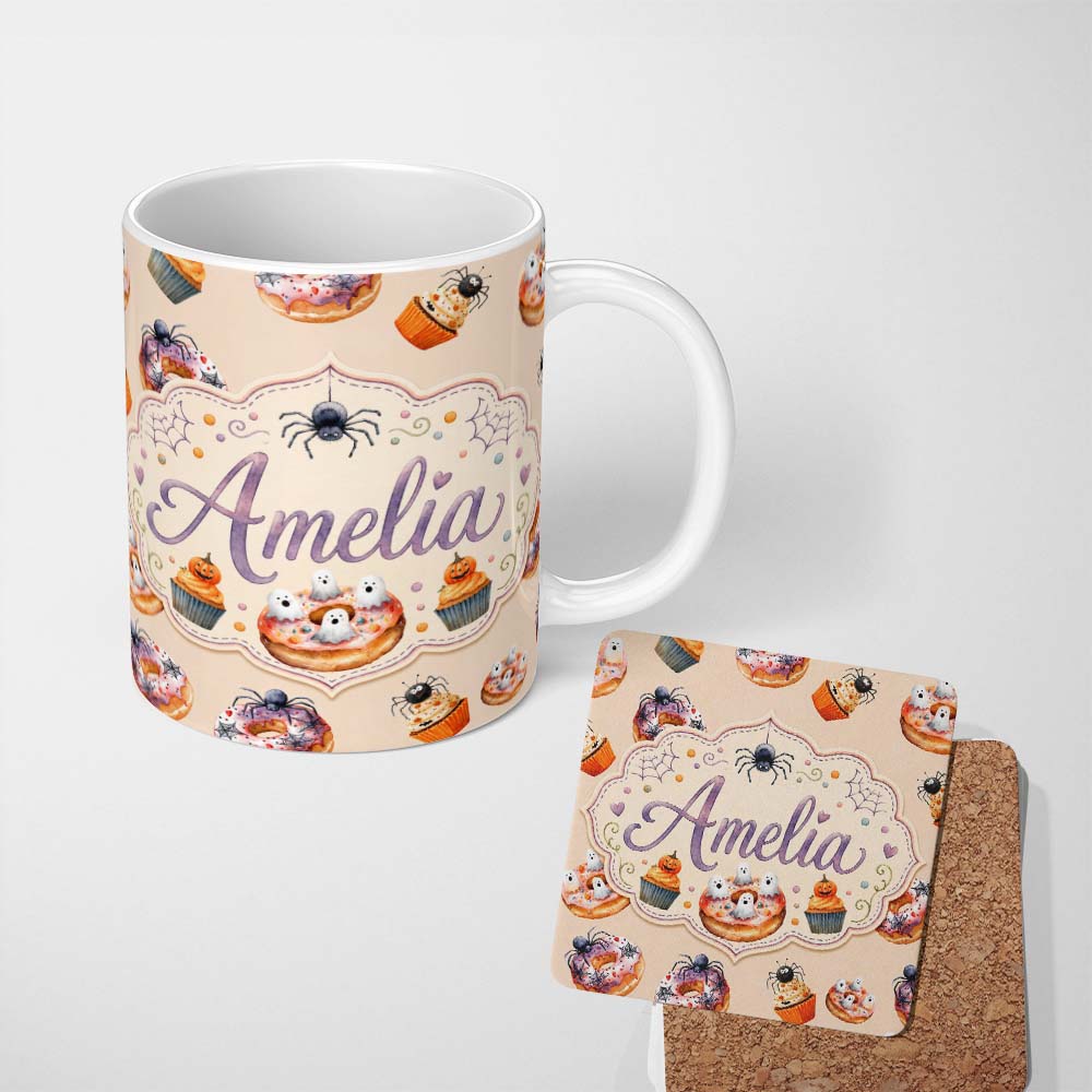 Personalized Custom Name Halloween Donuts Cupcakes Spiders and Ghosts Cute Warm Beige Lovely 11oz Ceramic Coffee Tea Mug White Large Handle