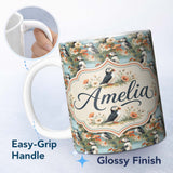 Personalized Custom Name Vintage Style Puffin Birds with Floral Garden Seamless Pattern 11oz Ceramic Coffee Tea Mug White Large Handle