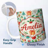 Personalized Custom Name Watercolor Christmas Tree Ornament Elf Gift Seamless Pattern Lovely 11oz Ceramic Coffee Tea Mug White Large Handle