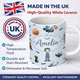 Personalized Custom Name Halloween Zombie Mummy Vampire and Bat Characters Blue Background 11oz Ceramic Coffee Tea Mug White Large Handle