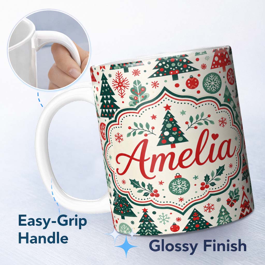 Personalized Custom Name Christmas Trees, Ornaments Folk Art Seamless Pattern Red Green 11oz Ceramic Coffee Tea Mug White Large Handle