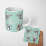 Personalized Custom Name Cute Cartoon Koala Bears with White Stars on Mint Green Background 11oz Ceramic Coffee Tea Mug White Large Handle