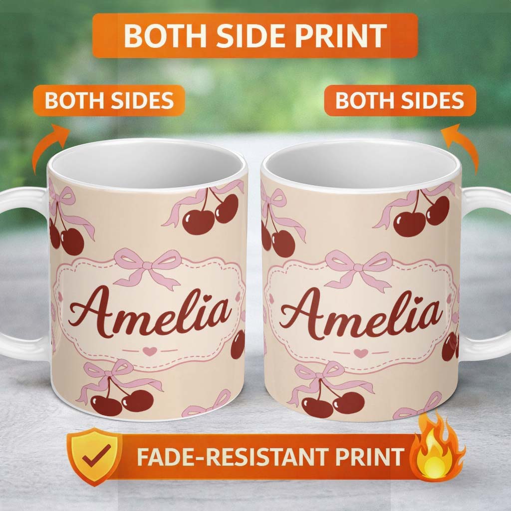 Personalized Custom Name Cherry Bow Ribbon Cute Warm Beige Neutral Background Seamless Lovely 11oz Ceramic Coffee Tea Mug White Large Handle