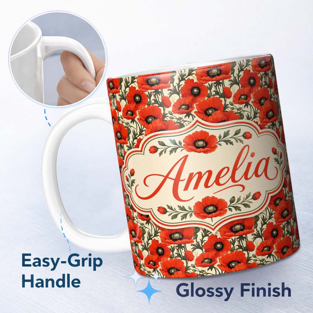 Personalized Custom Name Vintage Poppy Floral Pattern Bold Red Flowers Botanical Seamless 11oz Ceramic Coffee Tea Mug White Large Handle