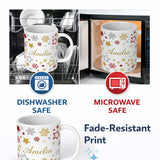 Personalized Custom Name Festive Stars and Snowflakes Pattern White Background Seamless 11oz Ceramic Coffee Tea Mug White Large Handle