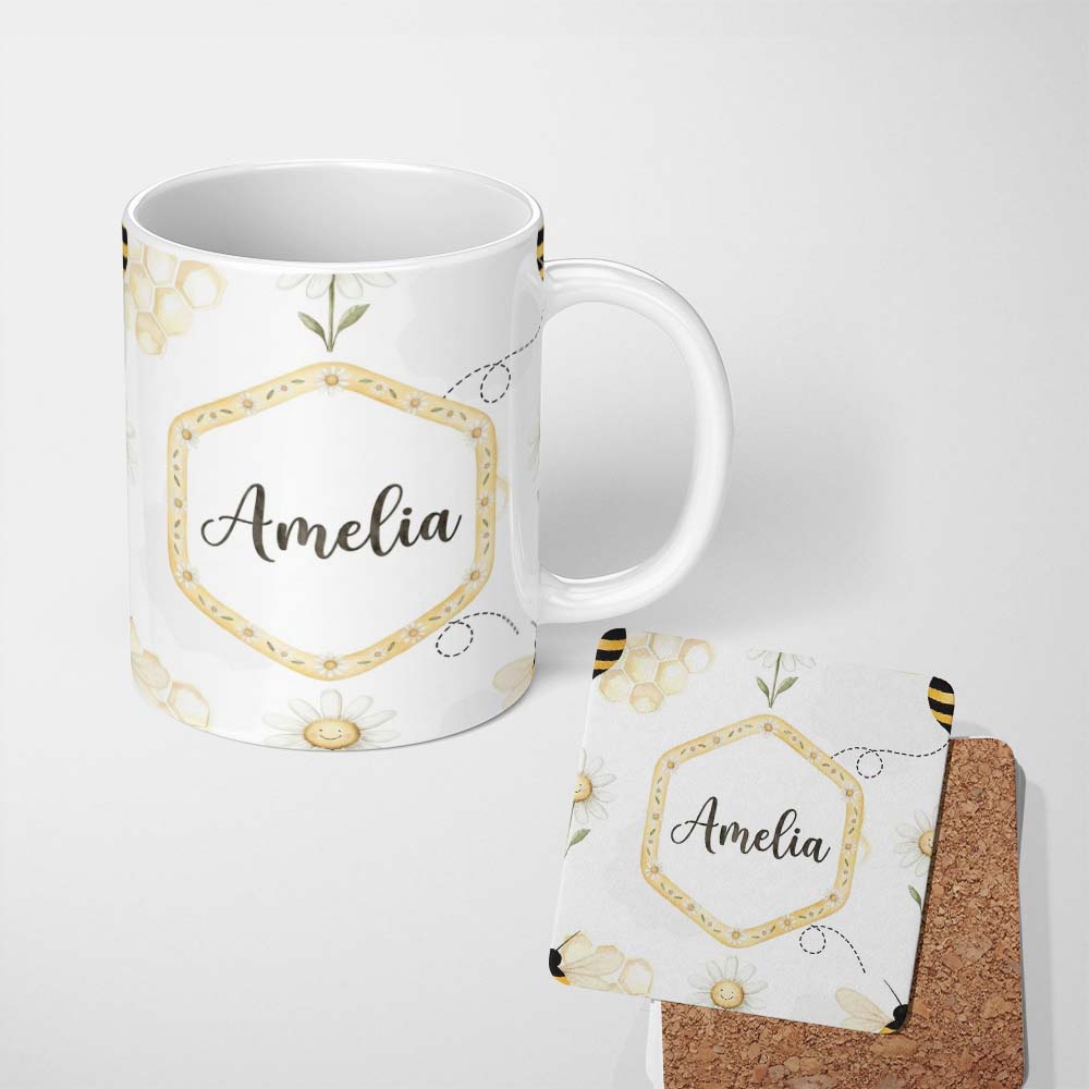 Personalized Custom Name Soft Honey Bee and Daisy Garden Seamless Pattern Cute Unique Gift 11oz Ceramic Coffee Tea Mug White Large Handle